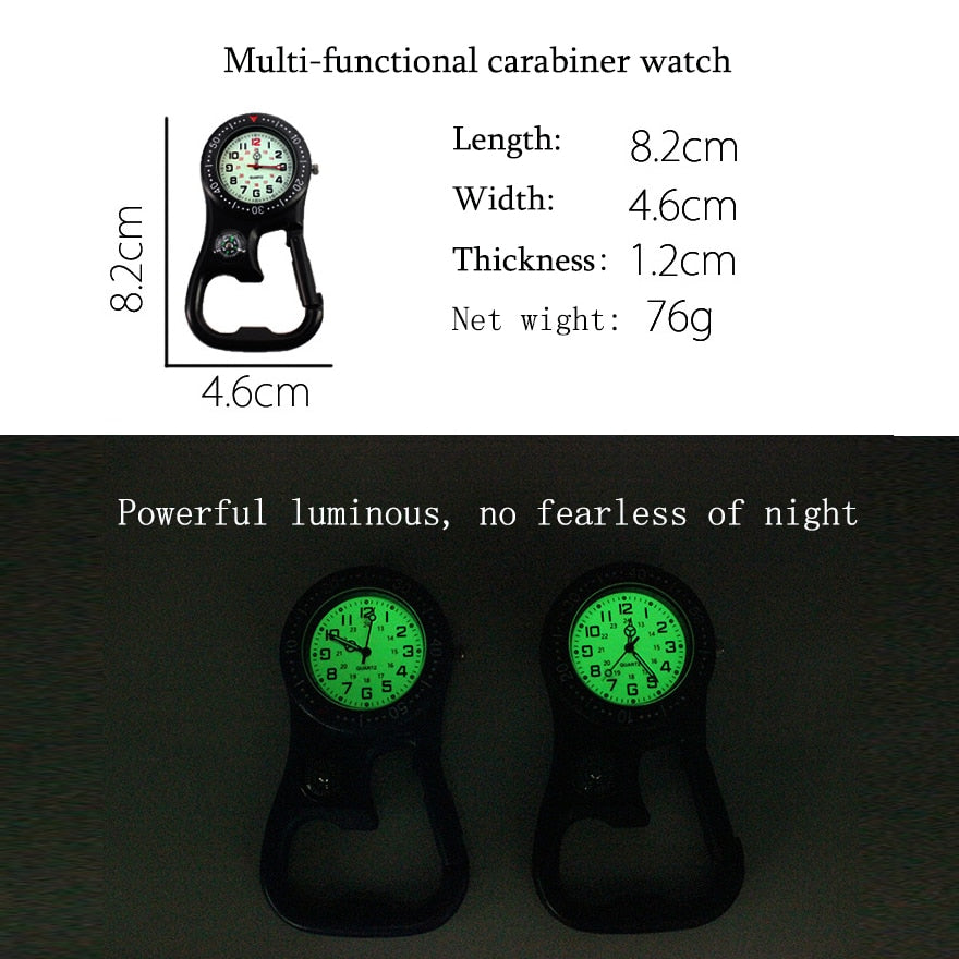 High Quality Medical Multifunctional Clip-On Carabiner Pocket Watch - Includes Compass, Bottle Opener and luminous dial for low light performance.