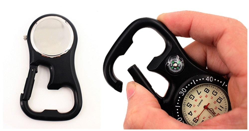 High Quality Medical Multifunctional Clip-On Carabiner Pocket Watch - Includes Compass, Bottle Opener and luminous dial for low light performance.