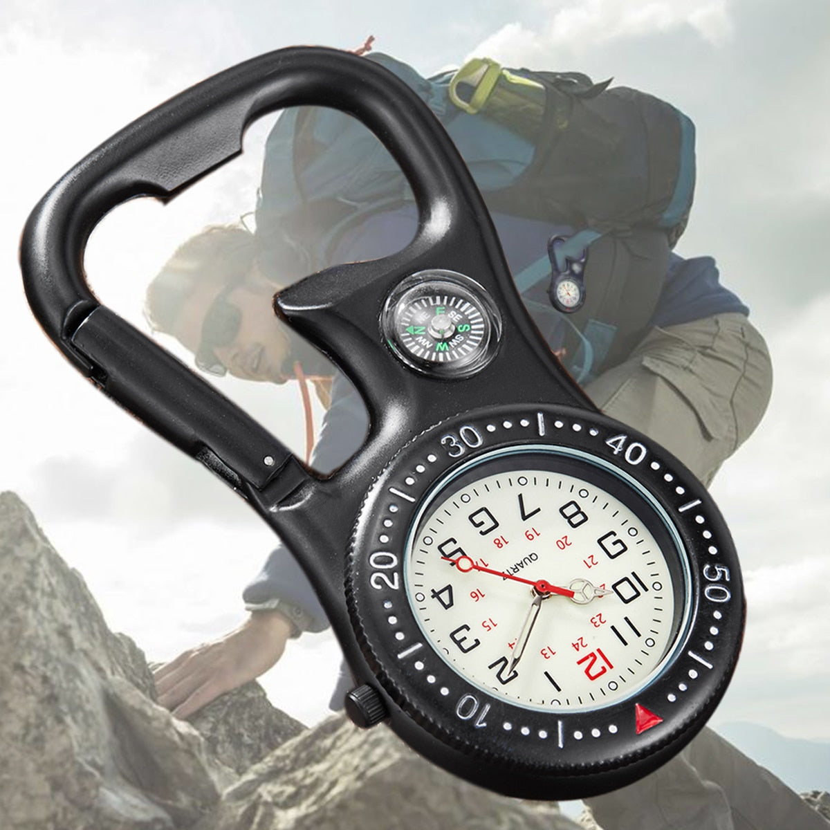 High Quality Medical Multifunctional Clip-On Carabiner Pocket Watch - Includes Compass, Bottle Opener and luminous dial for low light performance.